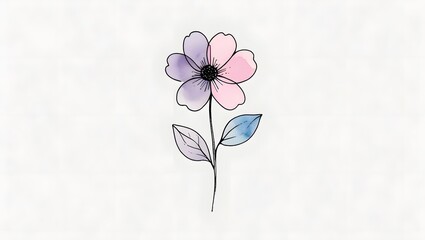 Naklejka premium Single flower drawing with delicate black ink outlines and soft pastel watercolor fill (pink, purple, or blue), isolated on white background.