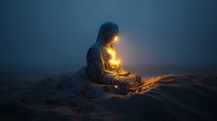 Enigmatic Figure with Radiant Core Amidst a Surreal Landscape, Embodying a sense of mystique