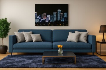 modern living room with blue sofa, two gray cushions, wooden coffee table, rug, and painting of city skyline.