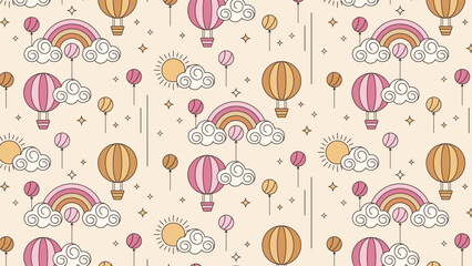 Retro hot air balloons, rainbows, and clouds illustration.