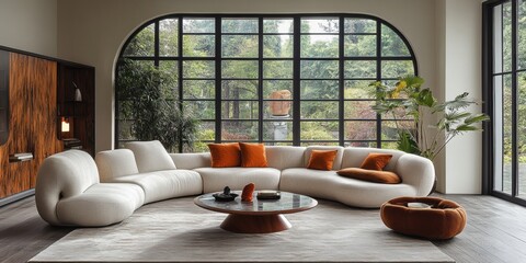 Modern Curved Sofa in an Elegant Living Room with Garden View