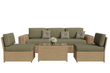 A stylish five-piece outdoor patio furniture set with wicker frame and olive-green cushions,...