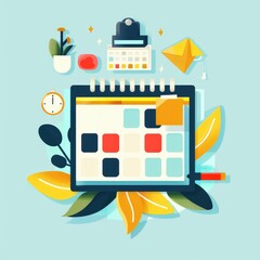 Flat design illustration of post scheduler calendar with colorful content blocks, representing digital planning, social media management, and content strategy. AI generated illustration.