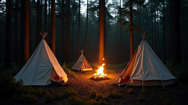 Cozy camping setup with tipis surrounding a warm campfire in a serene forest at dusk