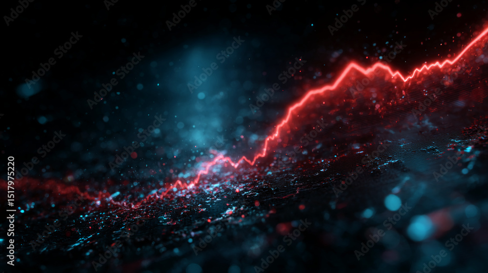 Poster abstract image with red glowing line graph on dark textured background, blue particles add depth, sy