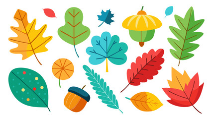 A vibrant collection of autumn leaves and acorns, perfect for fall-themed designs and decorations.