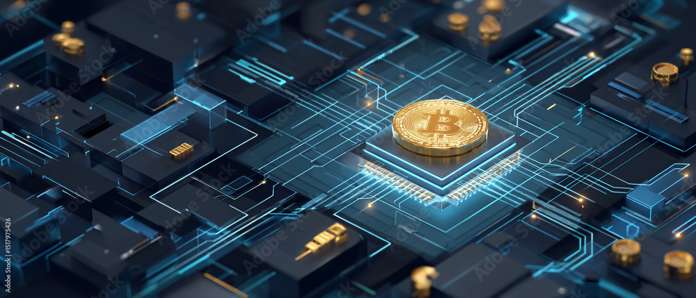 Poster a close up of a bitcoin on a futuristic circuit board with glowing blue lines and dark geometric sha