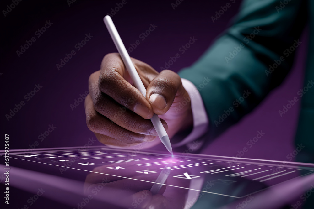Poster dark-skinned hand uses stylus on tablet displaying digital form, showcasing modern technology and di