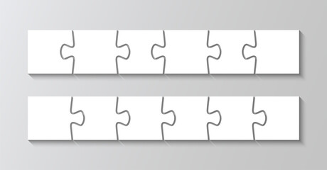 Puzzle infographics grid. Jigsaw business chain infographic solid and outline. Process diagram presentation with 6 pieces in a row. Business info graphic with steps, parts. Vector illustration