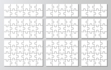 9 puzzles infographics set. Puzzle grid collection. Jigsaw business chain infographic. Process diagram presentation. Business info graphic with steps, parts. Vector illustration