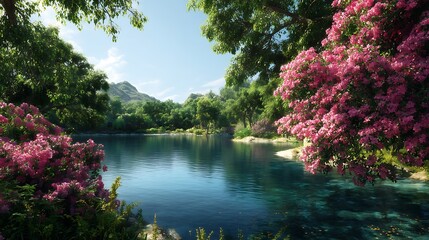 Serene Lakeside Scene with Lush Vegetation and Floral Abundance 