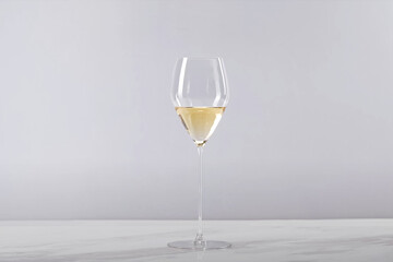 Tall champagne glass filled with sparkling white wine on a white marble surface against a soft gray background, styled in a clean minimalist composition

