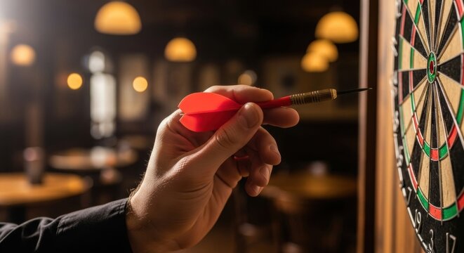 Man holding a red dart, aiming at a dartboard in a pub for a game