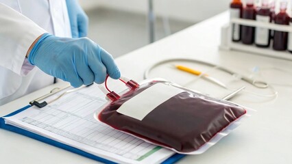 A medical professional, seen from the torso down and wearing a white lab coat and blue sterile gloves, is carefully handling a blood transfusion bag filled with red fluid, placing or adjusting