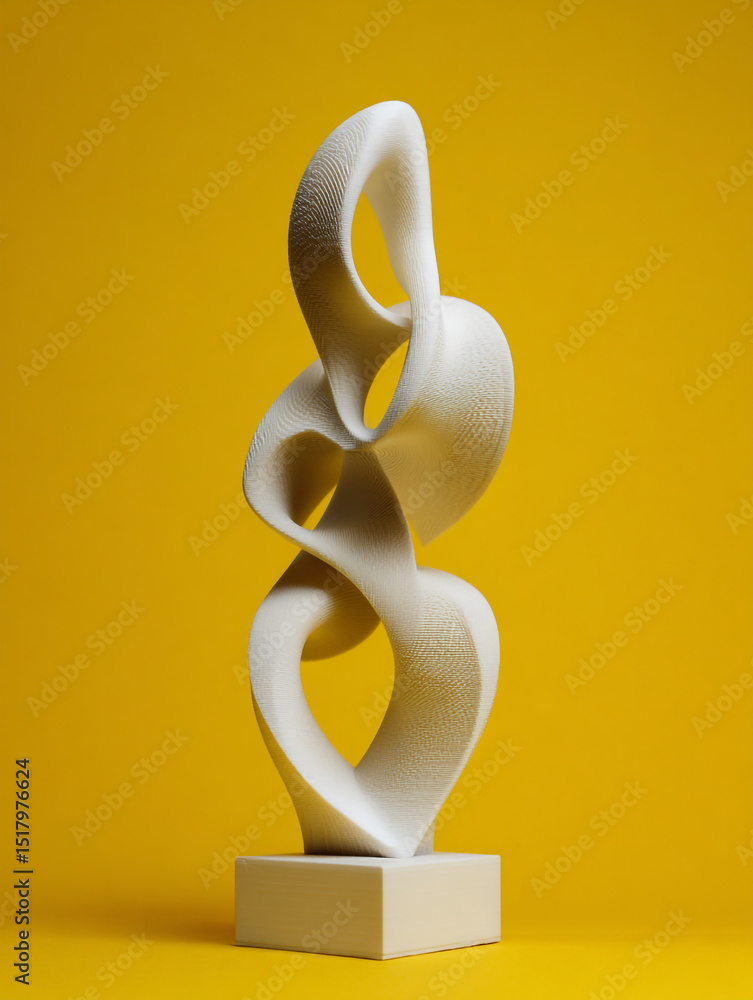 Poster abstract white sculpture on a square base against a solid yellow background in a studio setting