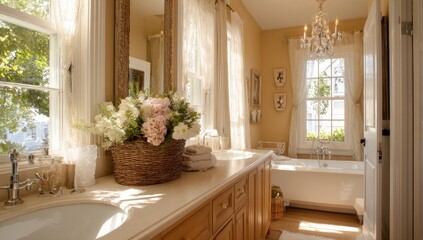 Fototapeta premium Bathroom interior with tub, sink and decor