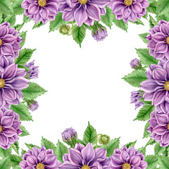 Square floral frame with purple dahlias, green leaves and buds with space for text in the center. Watercolor botanical illustration for postcard, print, label.