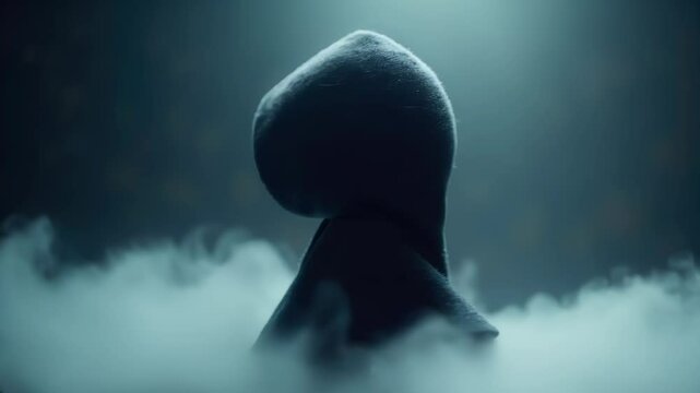 Child in a dark hooded cloak surrounded by mist in a mysterious environment