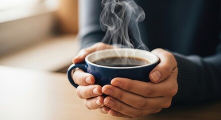Hands gently cupping a dark blue ceramic cup filled with steaming hot coffee