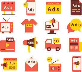 Advertising illustration set. Includes of marketing, promotion, campaign, digital ads, online marketing, social media ads, brand awareness, and More. Vector flat color collection