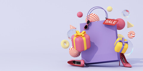 Stylish purple shopping bag with sale tag, surrounded by floating gifts and fashion accessories like red high heels and sunglasses. 3d rendering.