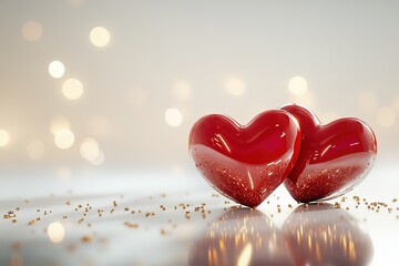 Stylish Valentine’s Day themed image with intertwined glossy red hearts and scattered glittering gold accents on clean white backdrop