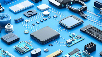 Abstract Technological Components On Blue Background