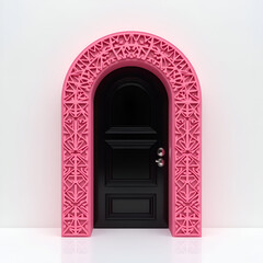 Fototapeta premium A stylized black door with a metallic handle is framed by a vibrant pink, intricately carved arched doorway.