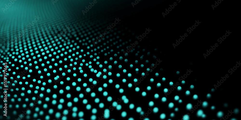 Poster abstract teal dots on black background, creating a flowing, dynamic texture suitable for a technolog