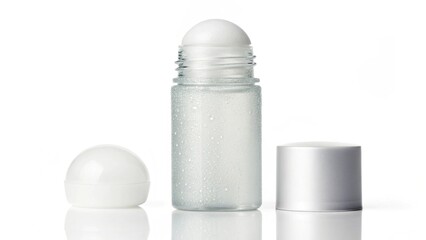 This crisp studio shot captures a transparent roll-on antiperspirant, highlighting its sleek design and the liquid formula within