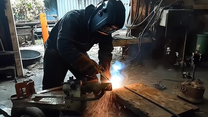 Skilled welder crafting metalwork in workshop, sparks flying, tools scattered, industrial setting - Powered by Adobe