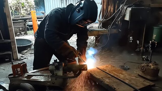 Skilled welder crafting metalwork in workshop, sparks flying, tools scattered, industrial setting