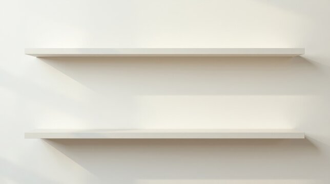 Empty floating shelves on a minimalist wall, perfect for displaying decorative objects or showcasing products