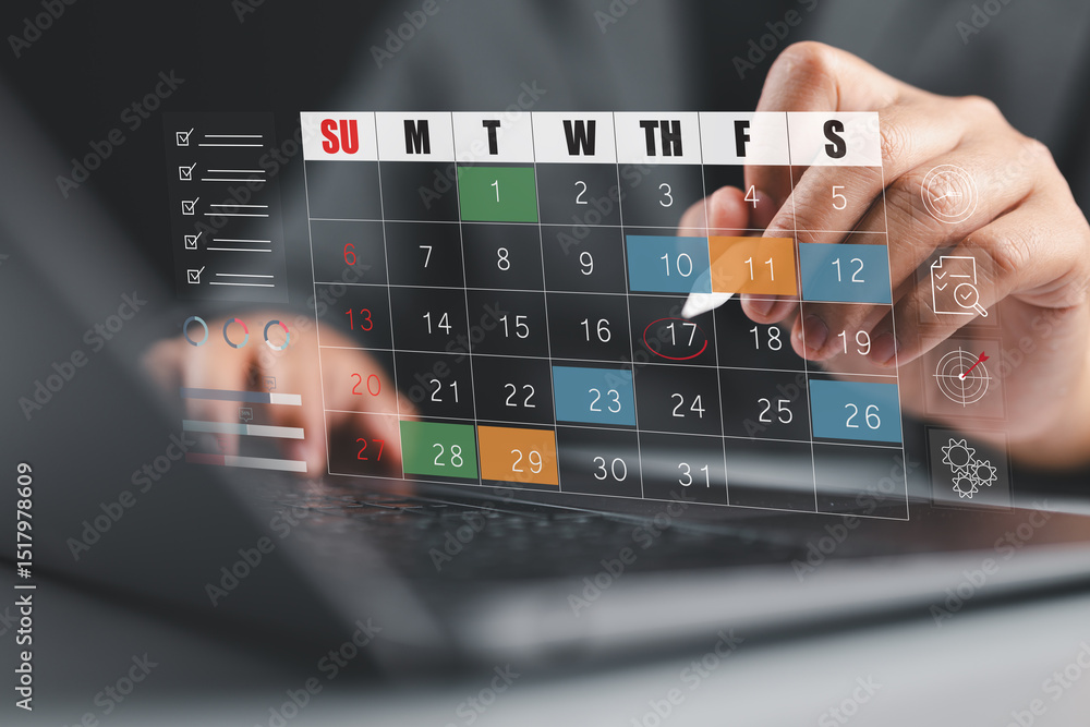 Poster Time management and Digital scheduling concept with calendar, checklist, and task planning for productivity, project management, deadline tracking, and efficient organization of daily activities.
