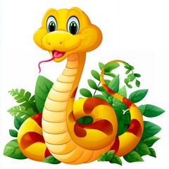 Cute Yellow Cartoon Snake Among Green Leaves
