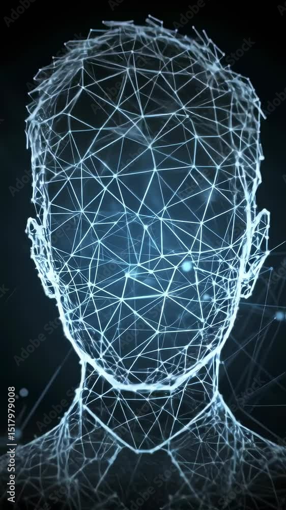 Poster digital man in wireframe style depicting a human with a futuristic network of connections. artificia