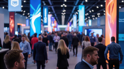 Bustling exhibition hall filled with attendees, colorful banners, and bright lights creating energetic atmosphere