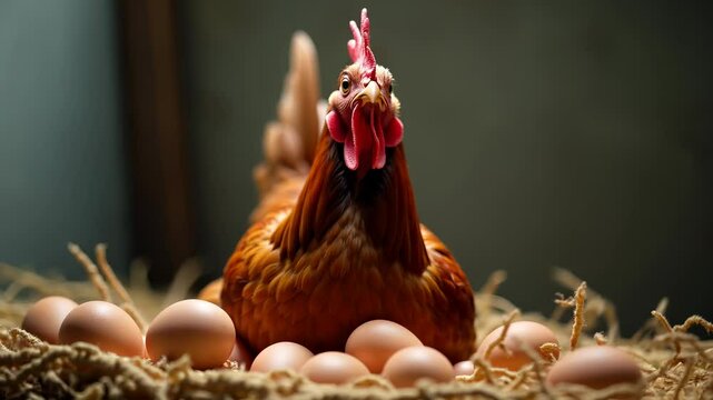 Brown hen tends to her nest of fresh, warm eggs in a cozy dimly lit setting with natural textures