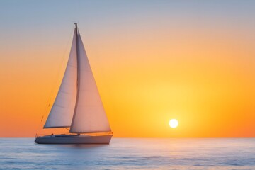 Sailing boat navigating calm sea during golden sunset