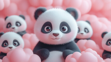 Obraz premium Cute cartoon panda surrounded by pink hearts. (1)