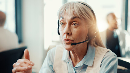 Call center, agent and woman with headset, lead generation and talking to contact for...