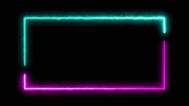 Neon rectangle light frame, glimmering electric motion on black background. retro laser light with shiny neon frame. The stream of light is flowing in rectangle lines. Neon rectangular loop background