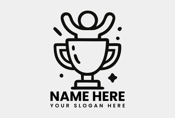 Outline illustration of a person with raised arms emerging from a trophy cup, symbolizing triumphant victory. Achievement concept