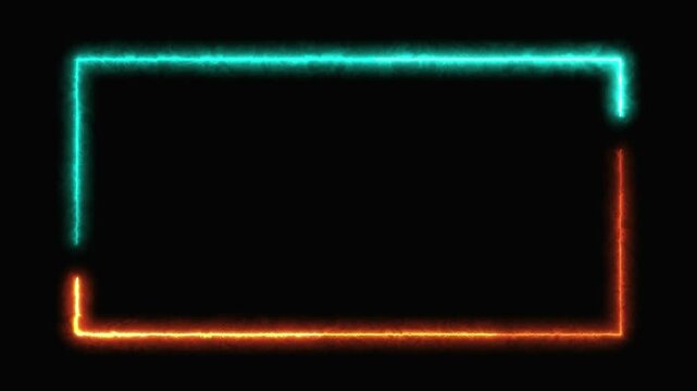 Neon rectangle light frame, glimmering electric motion on black background. retro laser light with shiny neon frame. The stream of light is flowing in rectangle lines. Neon rectangular loop background