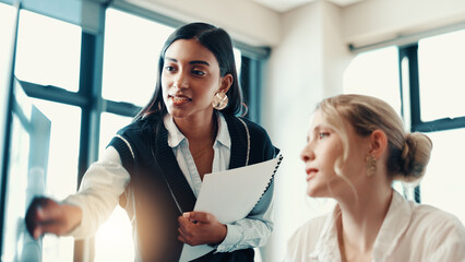 Business women, coaching or computer with help for assistance, project or guide at office. Female...