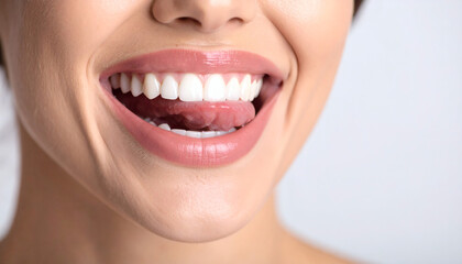 Obraz premium Young smiling woman licking her teeth closeup for joyful expression, natural beauty, and candid portrait photography