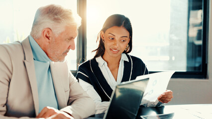 Mentor, contract or business people with laptop for meeting for teamwork, loan advice or budget....