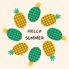 Hello Summer Pineapple Vector Illustration Frame or Template.
