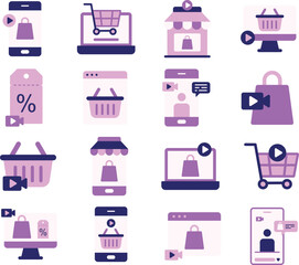Live Shopping illustration set. Includes of sale, discount, broadcast, mobile shopping, digital shopping, shop now, and More. Vector flat color collection