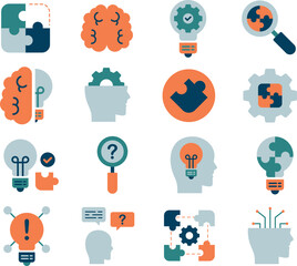 Problem Solving illustration set. Includes of solution, thinking, idea, innovation, brain, and More. Vector flat color collection